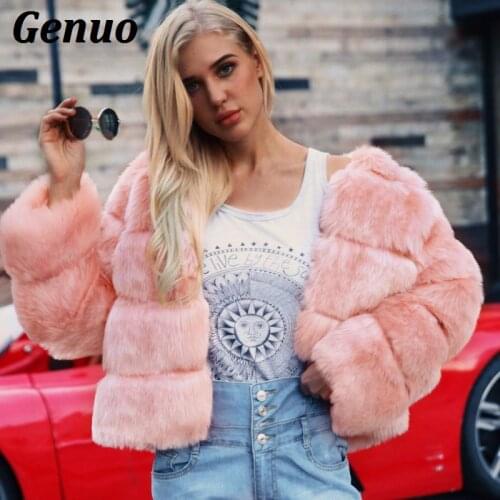 Genuo Vintage fluffy faux fur coat women Short furry fake fur winter jacket outerwear pink coat autumn casual party overcoat