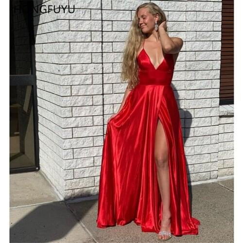 HONGFUYU Gorgeous Red A Line Long Prom Dresses Side Split 2021 Formal Party Dress For Graduation Custom Made Evening Prom Gowns