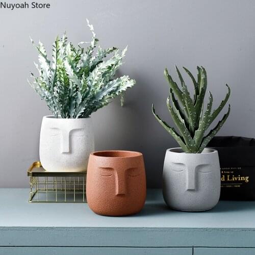 Nordic Creative Cement Human Face Vase Abstract Character Statue Cement Flower Pot Decoration Modern Home Decoration Accessories