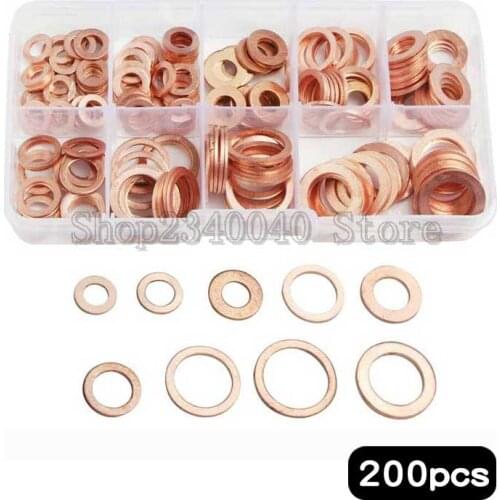 200Pcs/set Copper Washer M5 M6 M8 M10 M12 M14 Gasket Nut and Bolt Set Flat Ring Seal Assortment Kit for For Generators Machinery