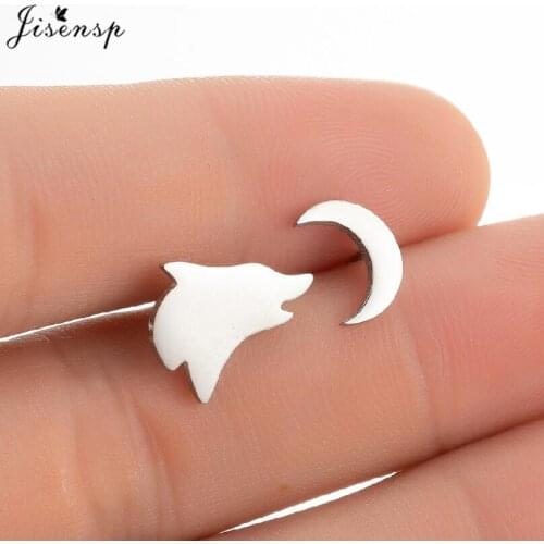 Punk Asymmetrical Wolf and Moon Earrings Women Personality Animal Stainless Steel Stud Earing Men Jewelry boucle d'oreille femme