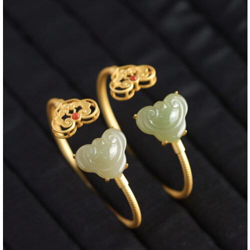 Hetian Jade Bracelet Female Duck Egg Ruyi Ancient Style Open Jade Bracelets Silver Gilding for Teachers Mother Gift Jewelry