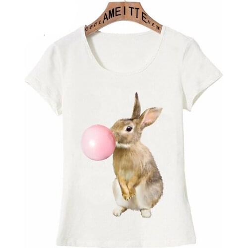 Naughty Rabbit with Bubble Gum Print T-Shirt Summer Women Short Sleeve Clever Bunny Design Casual Tops Cute Girl White Tees