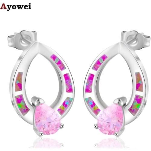 Wholesale Retail Pink Crystal Purple Fire Opal Silver Stamped Stud Earrings for Ladies Fashion Opal Jewelry OE450A