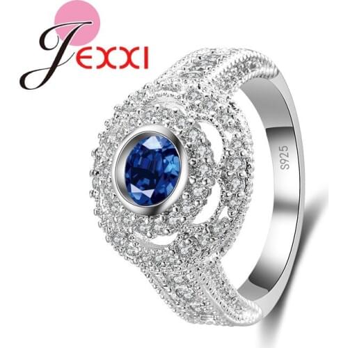 Luxury Big Circle Rhinestone Women Party Ring Clear Ocean Blue Crystal Jewelry Fashion Stamp Silver Engagement Rings