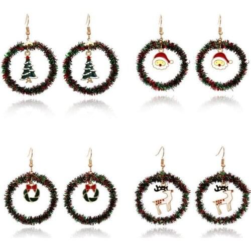 Christmas Silk Wrapped Circle Drop Earrings for Women Fashion Mini Enamel Christmas Tree Deer Santa Claus Dangle Earrings Gifts