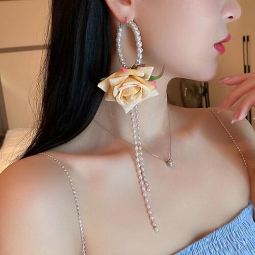 MWSONYA 1pc Korean Yellow Flower Dangle Earrings for Women Girls Chain Pearl Tassel Bow Fashion Rose Earrings Party Jewelry Gift