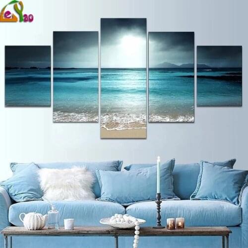 Modern Diamond Painting 5 Pieces of Clouded Sky Calm Blue Sea Beach Beautiful Seaside Landscape Porch Corridor Decor Pictures