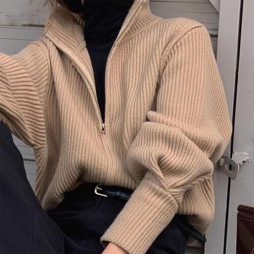 Chic Turtleneck Zip Loose Warm Sweaters Autumn Winter Fashion All-match Coat Solid Color Simple Knitted Cardigan 1G542