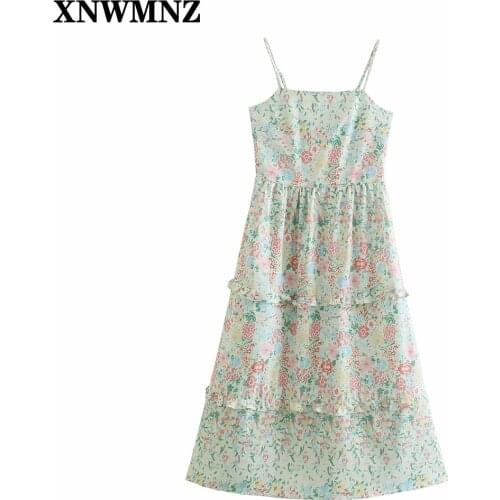 XNWMNZ Women Summer Dress 2021 Floral Print strap beach Dress Woman Sexy Backless Womens Dresses Ruffles A-Line Midi Dresses