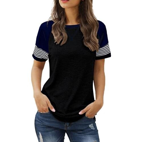 Woman Sport T-shirt Summer Casual Stripe Printed Pullover Comfy Short Sleeve T Shirt Tees Leisure Slim Fit O Collared Tshirt Top