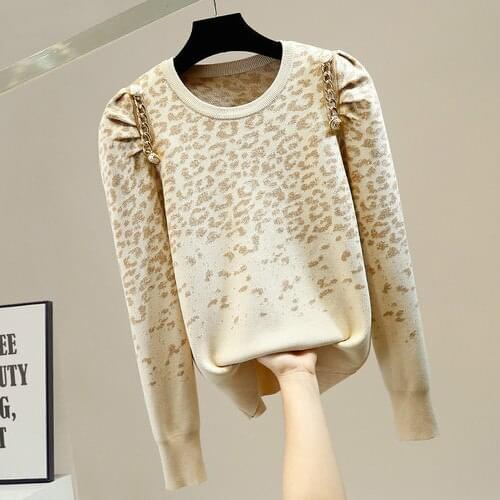 Chain Pleated Puff Sleeve Sweater Women Round Neck Pullovers Female All-Matching Casual Leopard Print Sweaters Jumper Top