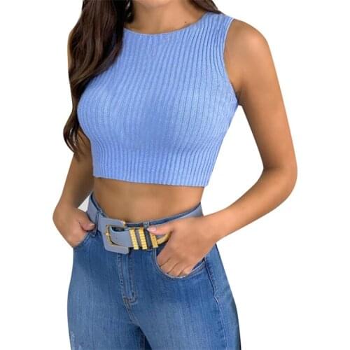 Hirigin 2021 Summer Solid Color Slim Cropped Vest Female Round Collar Sleeveless Stretch Rib Knitted Base Tank Top Streetwear