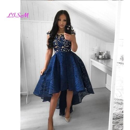 Royal Blue Lace Homecoming Dresses Sexy High Low Cap Sleeve Illusion A-Line vetidos Elegant Cocktail Dress