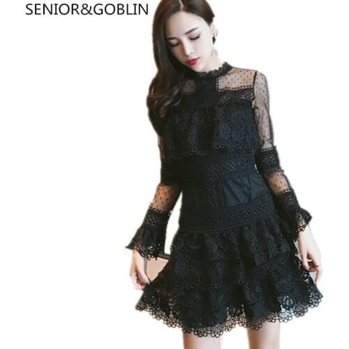 High Quality Autumn Runway Dress 2019 Self Portrait Water soluble lace Mosaic see-through gauze sex cake dress