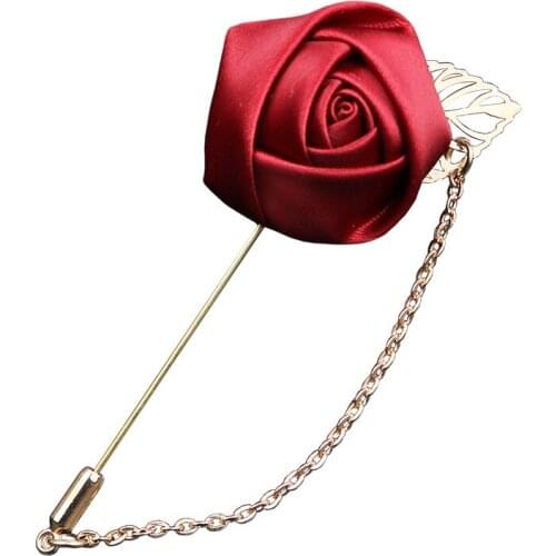 1pc Mens Suit Brooches Ribbon Rose Flower Golden Leaf Pins Suit Lapel Dress Blazer Wedding Boutonniere Jewelry Accessories