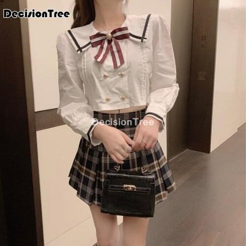 2021 cute girl japanese high waist plaid pleated skirts long sleeve bow tops for women school uniform student jk clothing