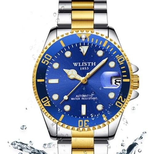 Luxury WLISTH Brand Watch Men Rotatable Bezel GMT Sapphire Date gold Stainless Steel Sport blue dial Quartz Watch Reloj Hombre