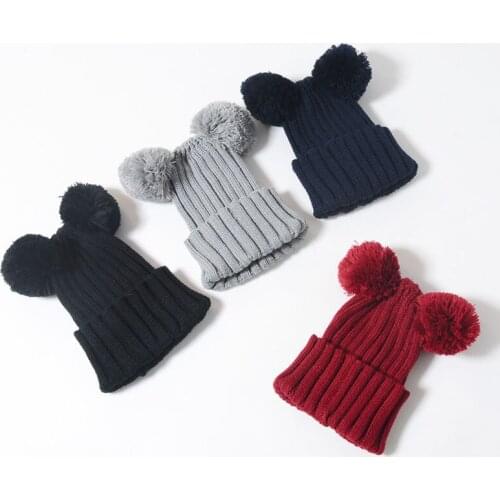 Childrens autumn and winter hats boys and girls warm knit acrylic wool material thickened cute babys pure color hats
