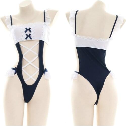 Lolita Girls Bow Bandage Hollow Out Swimwear Anime Maid Cosplay Sukumizu Bodysuit Sexy Women One-Piece Swimsuit Bodycon Romper
