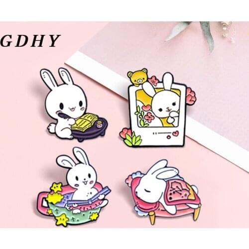 GDHY Rabbits Enamel Pin Custom Teacup Rabbit Brooches Bunny Playing Game Sleep Study Badge Lapel Animal Jewelry Gift for Friend