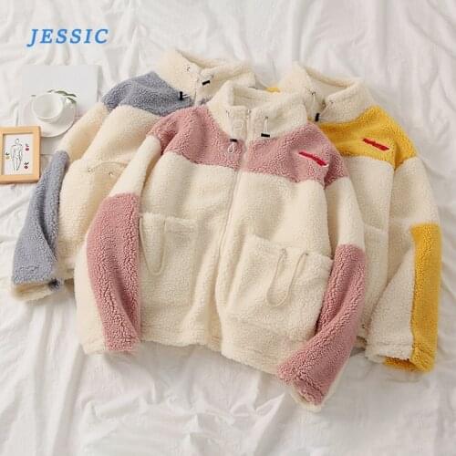 JESSIC 2020 Autumn New Lambswool Coats Large Sizes Winter Warm Women Parker Patchwork Sheepskin Coat Casual Baseball Jacket