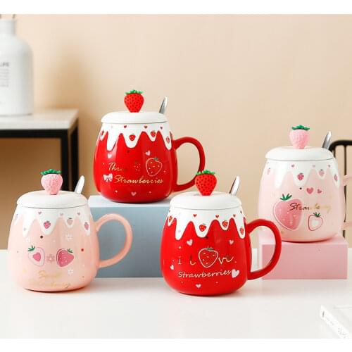 500ml Pink Red Cute Fruit Strawberry Ice Cream Ceramic Cup Home Office Pot Belly Mugs Milk Coffee Juice Mugs with Lid with Spoon