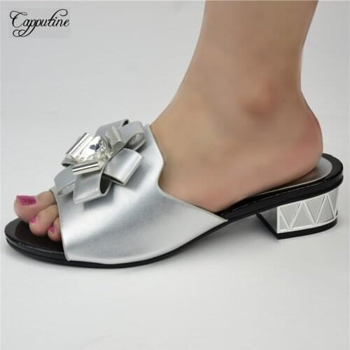 Nice Silver African Lady Medium Heel Slipper Shoes For Party 86-1 Heel Height 4.5CM, 5Color