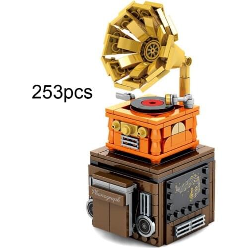 Creative technical phonograph MOC building block Bluetooth music box player model brick assemble toys collection for gift