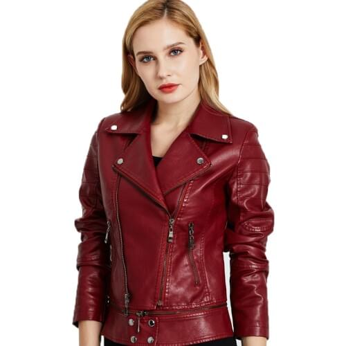 New Autumn Women Pu Leather Jacket Woman Zipper Wine Red Black Short Coat Female Suit Collar Punk Bomber Faux Leather Outwear