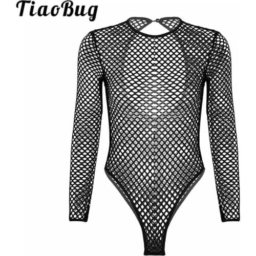 TiaoBug Fashion Women One-piece Fishnet Bodysuit See Through Sheer Long Sleeve High Cut Leotard Club Party Sexy Jumpsuit Teddy