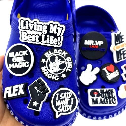 New 10PCS BLM Series Shoe Charms PVC Accessories For Croc Garden Slipper Black Girl Magic Icon Buckle Jibizt Kids Party Gifts