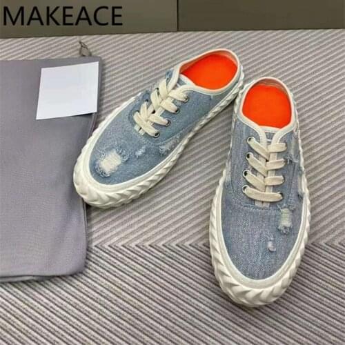 Summer New Women Style Cowboy Tie Bottom Baotou Half-drag Round Head Womens Shoes One Pedal Canvas Women Shoes 2021 Flat shoes