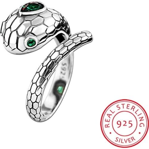 Charm Female Male Green Crystal Ring Real 100% 925 Sterling Silver Wedding Rings For Women Men Punk Snake Animal Engagement Ring