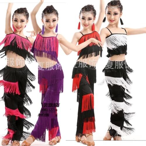 Kids Adult Tassels vestidos latino dress costumes tops+Pants Outfits Girls Skating Dancing Clothes Ballroom Salsa dancewear