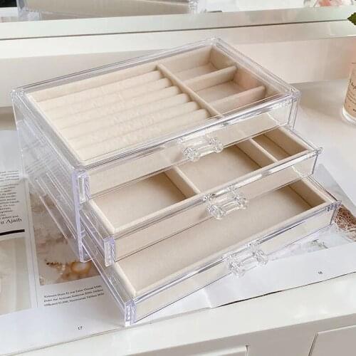 Three-Layer Beige Acrylic Organizers Velvet Jewellery Storage Box Earring Ring Necklace Large Space Jewellery Case Holder Women