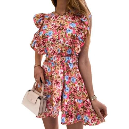 Dress O Neck Floral Print Short Sleeveless Mini Dress with Belt for Dating Beach Holiday Sundress Bohemian