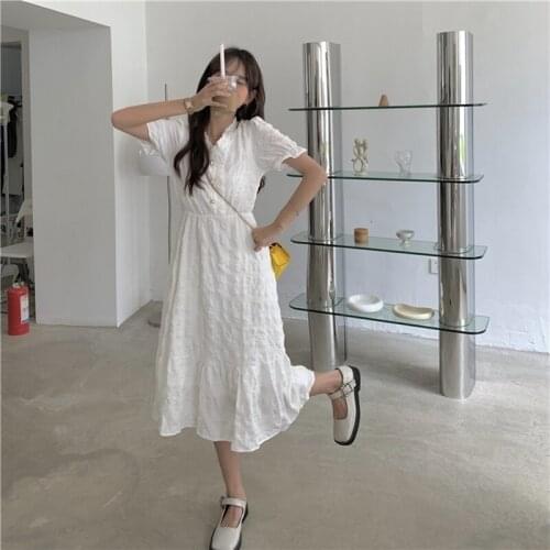 Summer Pearls Button Sweet Dress Women Girl V Neck Short Sleeve Ruffles Trim Female Vestido Elegant Dresses