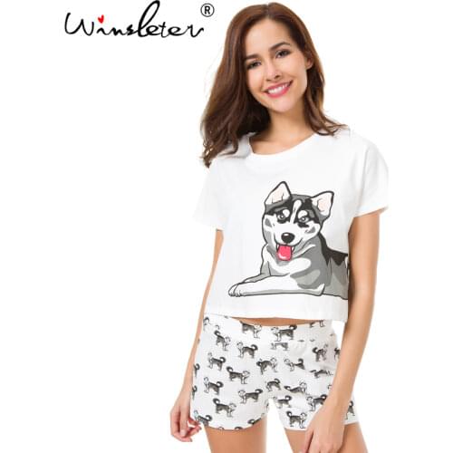 Husky Print Women Pajama Sets 2 Pieces Set Crop Top + Shorts Loose Elastic Waist Shorts Dog Print Lounge pijama S73104