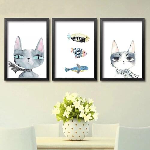 Nordic Modern Art Canvas With Cat And Fish, Posters And Prints, Living Room Decor, Garden Decor, Paris Painting