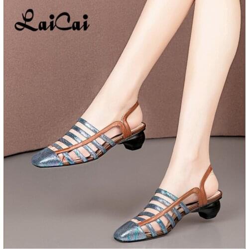 Mid-Chunky Heel Closed Sandals Woman Summer New Soft Leather Fish Pattern Shoes Square Toe Pumps Color Match Hee Womens Shoe