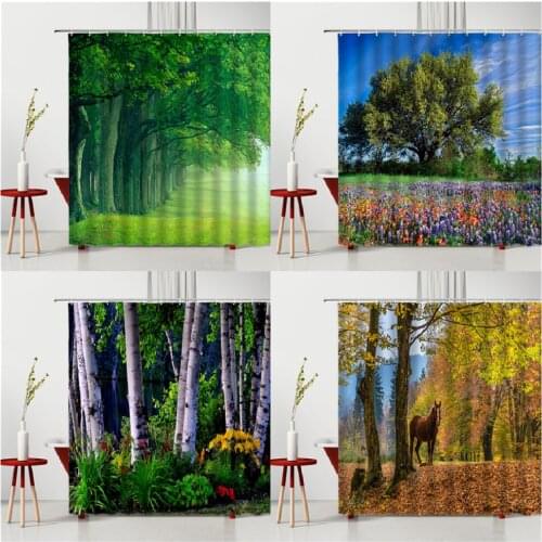 Spring Scenery Shower Curtain Green Forest White Birch Flowers Yellow Leaves Waterproof Polyester Fabric Bathtub Decoration