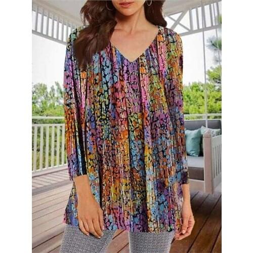 Elegant V-Neck Women Spring Autumn New Fashion Long Sleeve Pullover Tops Vintage Floral Print Lady Blouse Shirts Plus Size 5XL