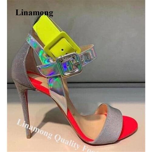 Women Elegant Patchwork Stiletto Heel Gladiator Sandals Shining Ankle Straps Buckles High Heel Sandals Wedding Dress Shoes