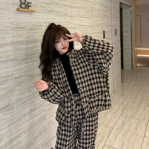 Womens Jacket Suits Autumn Winter Suits Chinese Literary Retro Loose Disc Buckle Plaid Plus Velvet Coat and Jacket 2 Piece Sets