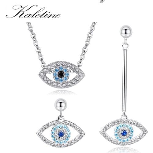 KALETINE 925 Sterling SIlver Evil EyeNecklace for Women Gift Luck Turkey Blue Fishtail Earrings Bralelet Necklace Jewelry Set