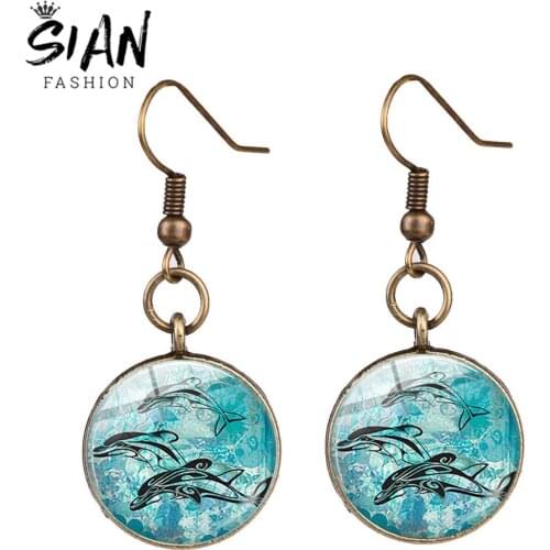 SIAN Vintage Bronze Dolphin Sea Turtle Long Earring Blue Sea Animal Art Photo Glass Dome Gem Handmade Women Beach Party Earring