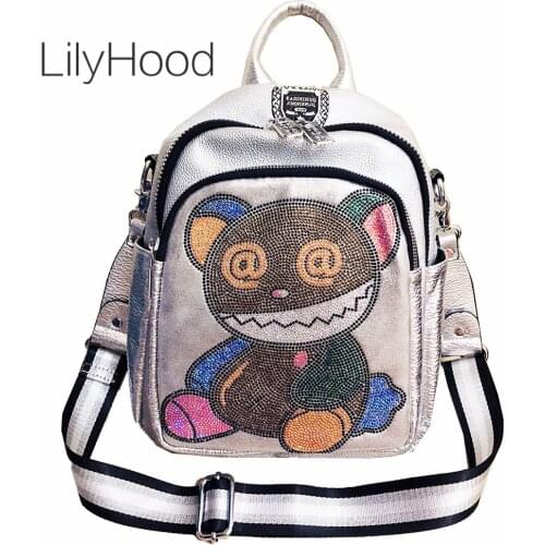 Girl Vegan Leather Rhinestone Cute Anime Bear Backpack Female High Street Stylish PU Leather Roomy Everyday Work School Daypack