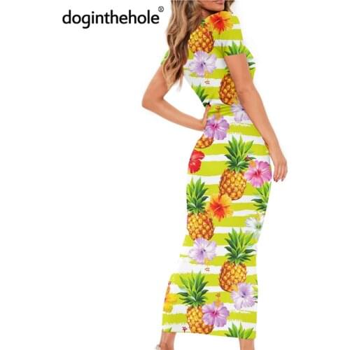 Womens Sexy Bodycon Short Sleeve Dress Tropical Pineapple With Hibiscus Pattern Teen Girls Fresh Streetwear 2020 Stylish Robe