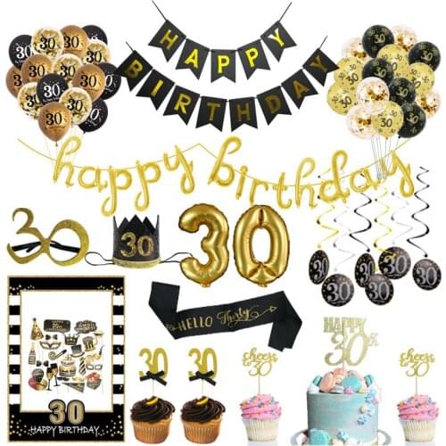 Black Gold 30 Happy Birthday Banner Balloon Cupcake Toppers Adult 30th Years Party Photobooth Props Anniversary Decor Supplies